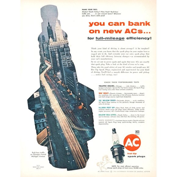 1957 AC Spark Plugs Vintage Print Ad Chicago SkyLine Time Lapse Michigan Avenue - Picture 1 of 1